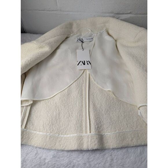 Zara Gold Tone Buttons Textured Weave Cream Oyster Cropped Blazer sz M Medium NW - Picture 10 of 12